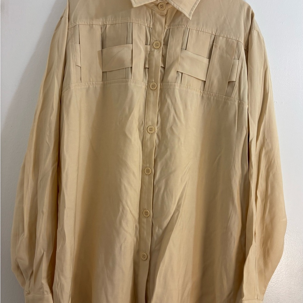 Cream Corban Button-Down Oversized Shirt with Decorative Ribbon Chest Detail